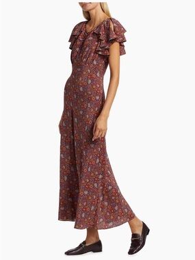 Doen Rust Floral Ruffle-Sleeve Maxi Dress